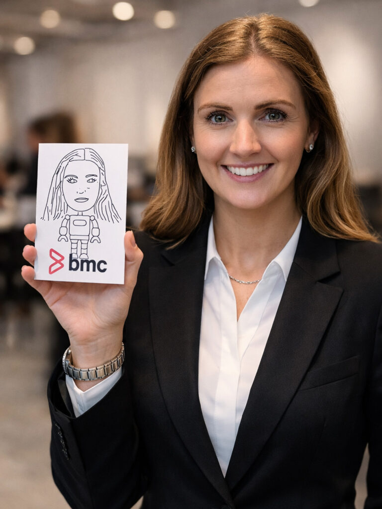 Corporate guest holding a finished ROBO Sketch portrait on a branded card
